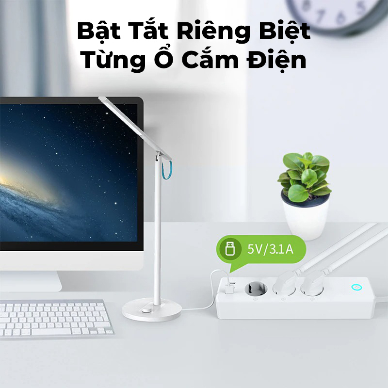 Ổ cắm điện thông minh Tuya wifi AKIA ASP250, ổ cắm dài - 3 ổ cắm độc lập, 3 jack USB sạc nhanh, tương thích Smart Life - Hàng Chính Hãng