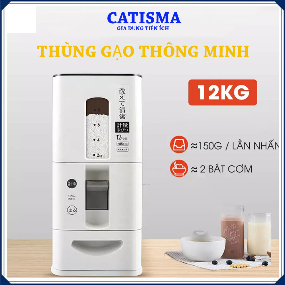 Thùng đựng gạo, đồ khô thông minh,lấy gạo tự động, Nhật Bản chất liệu nhựa ABS có zoăng silicon chống ẩm mốc, 12Kg