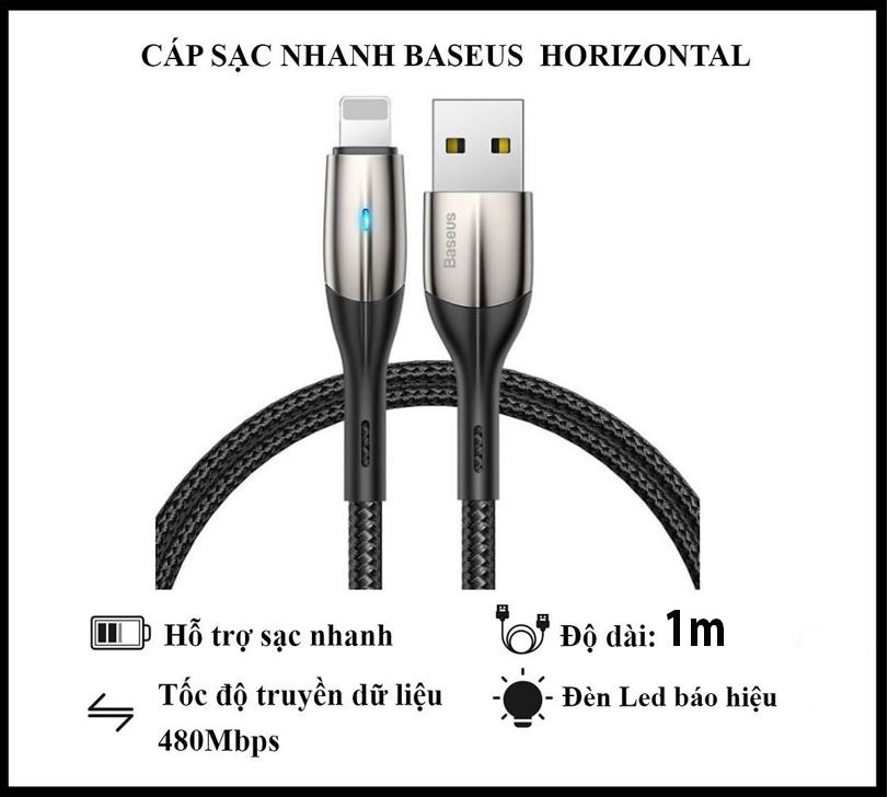 Cáp Sạc Nhanh Baseus Horizontal Data Cable - Dùng Cho iPhone iPad - Trang Bị Đèn Led - Công Nghệ Chống Đứt Gãy SR - Hàng Chính Hãng