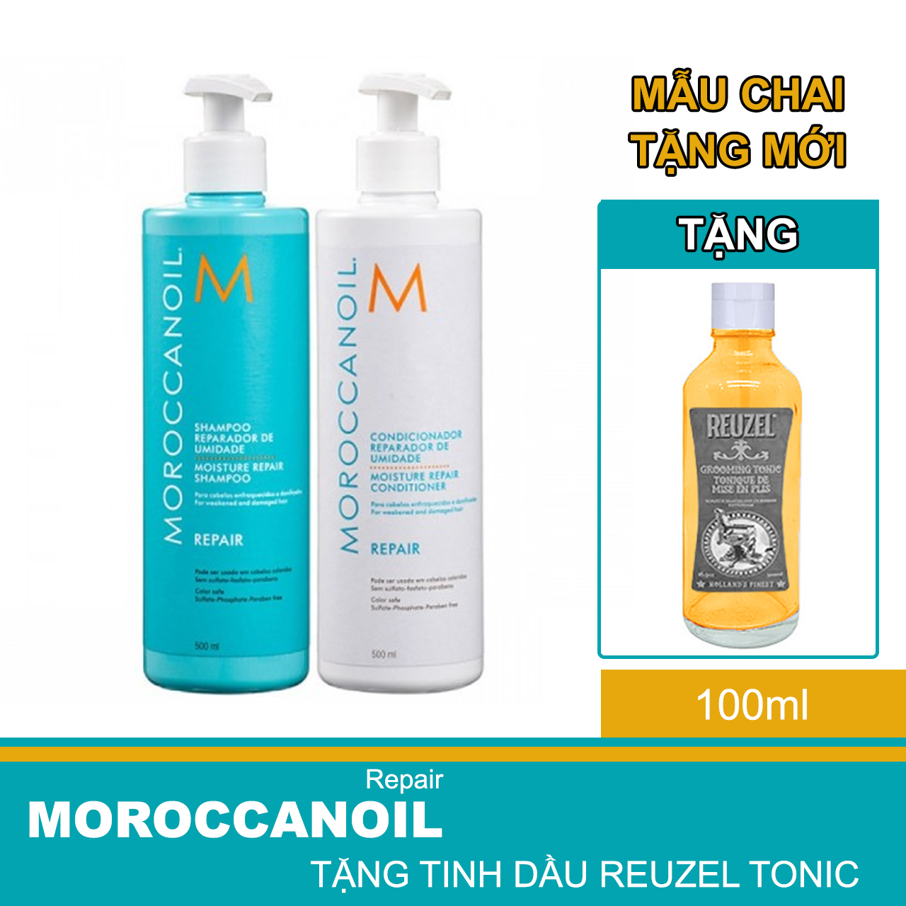 Bộ Combo Bộ Dầu Gội và Xả Phục Hồi Tóc Hư Tổn Moroccanoil Moisture Repair Full Size + Tặng Reuzel Tonic 100ml - Chính hãng