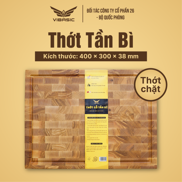 Thớt Tần Bì (Ash wood) Vibasic ghép block, kích thước 400x300x38mm chuyên băm, chặt, thái thực phẩm - Hàng chính hãng Bộ Quốc Phòng