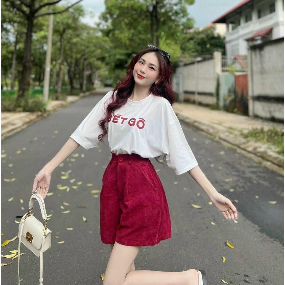 Sét Đồ Bộ Nữ Áo Cotton Cổ Tròn Tay Lỡ Kèm Quần Short Tăm Nhung Thiết Kế độc lạ kdx