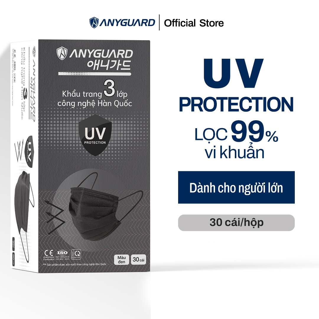 Khẩu Trang Anyguard Hàn Quốc 3 Lớp Màu Đen Chính Hãng - Lọc 99% Vi Khuẩn, UV Protection (Hộp 30 Cái) - Bảo Vệ Hằng Ngày - Tiêu Chuẩn Công Nghệ Hàn Quốc - ISO 9001:2015, ISO 13485:2016, QCVN 01:2017/BTC