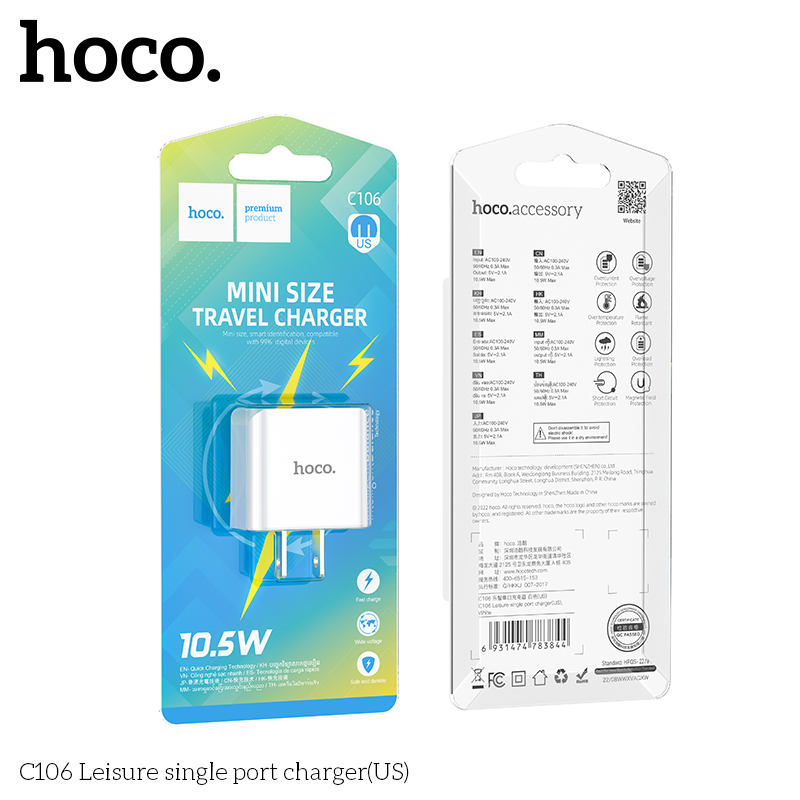Củ sạc Hoco C106 10.5W chân US tiêu chuẩn 1 cổng USB - Hàng Chính Hãng