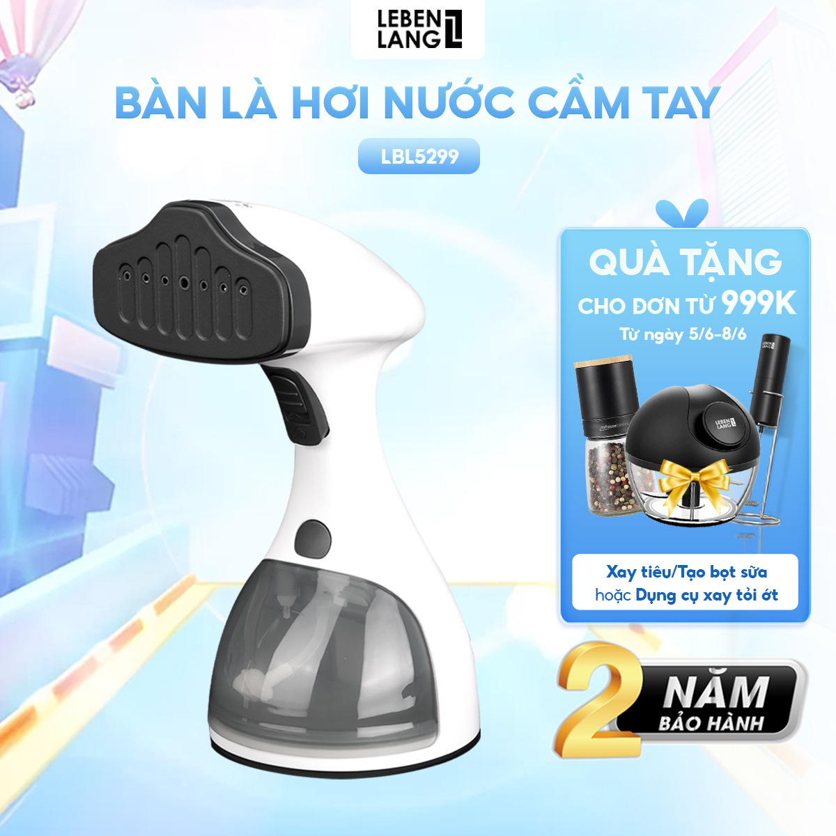 Bàn ủi hơi nước cầm tay Lebenlang LBL5299 công suất 1500W, 320ml, tiện lợi và gọn nhẹ, bảo hành 2 năm - hàng chính hãng