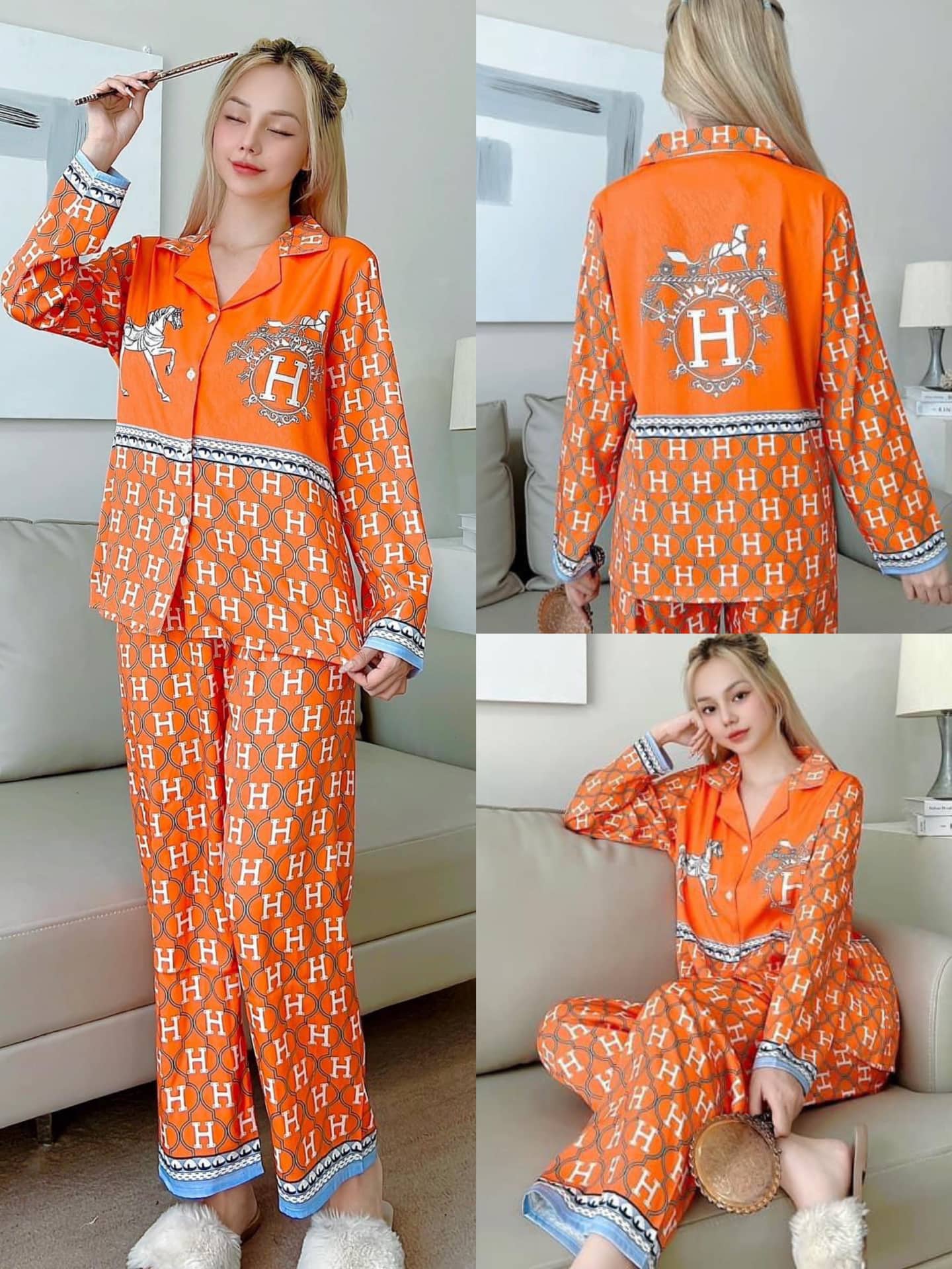 Bộ mặc nhà nữ lụa xước ánh kim hoạ tiết cam tay dài quần dài freesize dưới 56kg