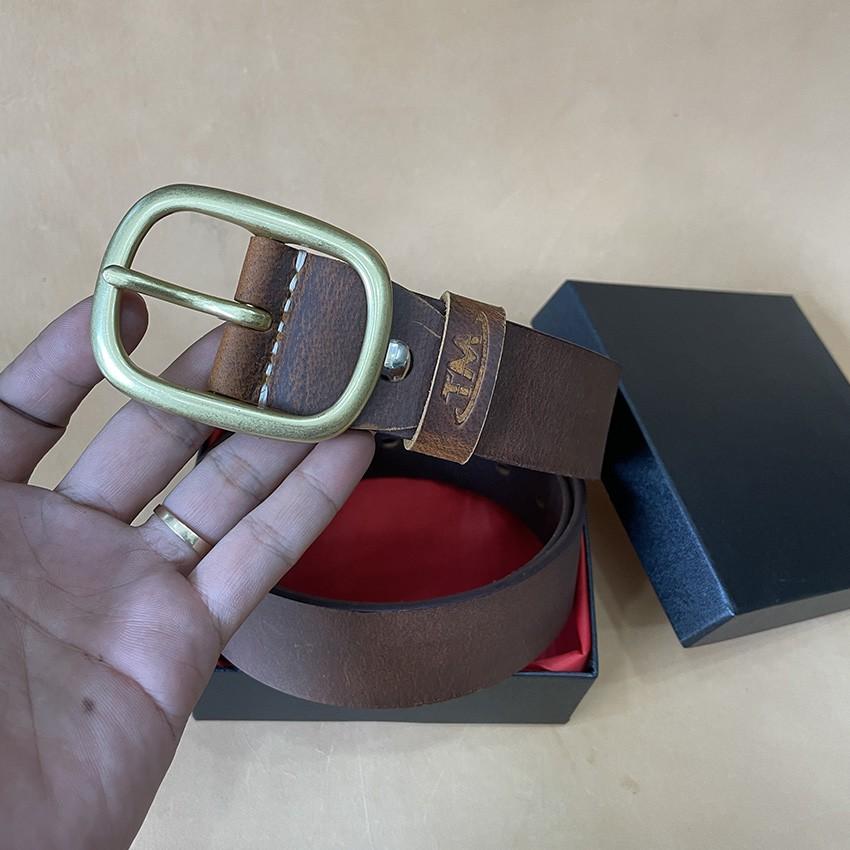 Thắt Lưng Nam Dây Nịt Da Bò Sáp Ngựa Điên Khóa Đồng Đúc Nguyên Chất TM802 Tặng Hộp Lót Nhung Cao Cấp
