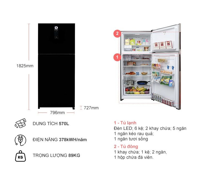 Tủ lạnh Electrolux ETB5702BA - 532 L, 2 cửa