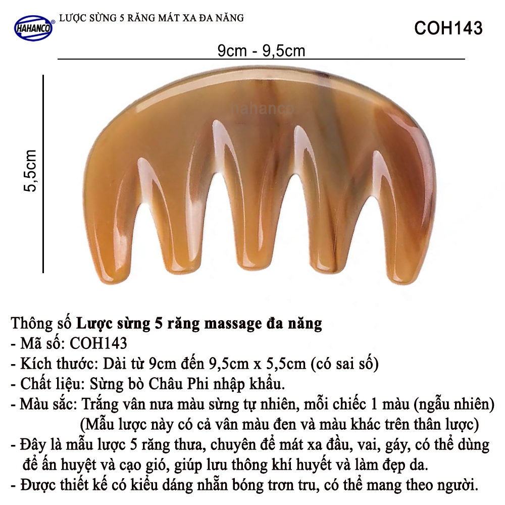 Lược sừng 5 răng Đa Năng Chuyên dụng Massage đầu, cổ, vai, gáy (Size: S - 9cm) Mát xa làm đẹp da /thư giãn /giúp lưu thông máu - COH143