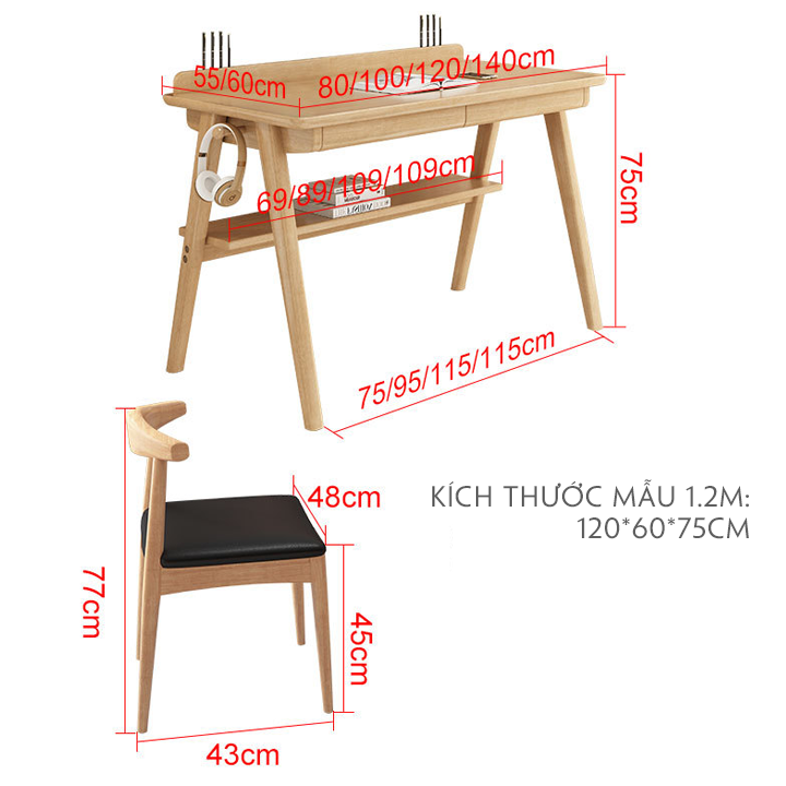 Bàn ghế làm việc, Bàn máy tính có kèm theo ghế theo phong cách Bắc Âu 120 x 60cm