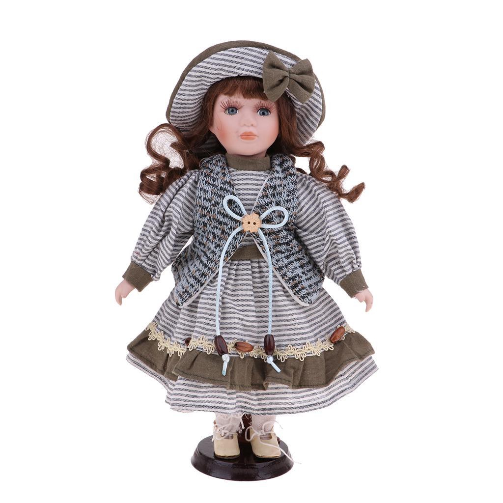 2x Lovely Porcelain Girl Doll People Figure with Gray Clothes Hat Set Gift