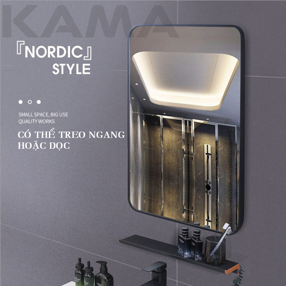 Gương Soi Phòng Tắm Treo Tường Vuông 50x70cm KAMA GS03, Bộ Gương Soi Mặt Nhà Tắm Và Kệ Để Đồ Trang Điểm Phong Cách Bắc Âu Tối Giản Mới