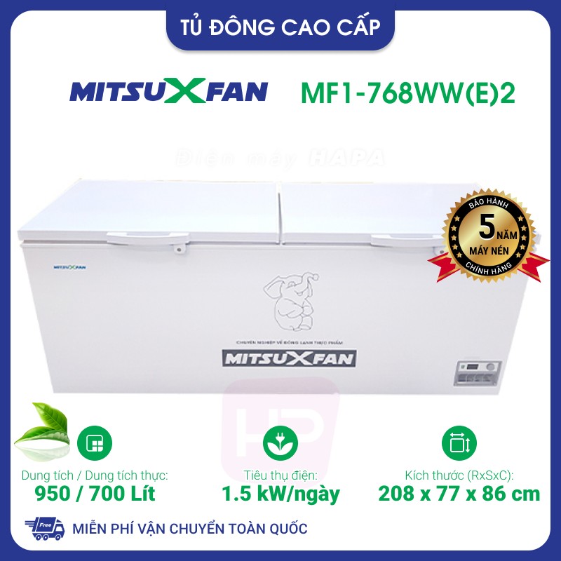 [MIỄN PHÍ VẬN CHUYỂN] Tủ Đông Cao Cấp Mitsuxfan MF1-768WW(E)2 - 6 trong 1, Thân tủ dày, 950 Lít/ 700 Lít, Kháng khuẩn phân tử bạc, Inverter tiết kiệm điện chỉ 1.5 KW/ngày - Giao toàn quốc, Hàng Chính Hãng