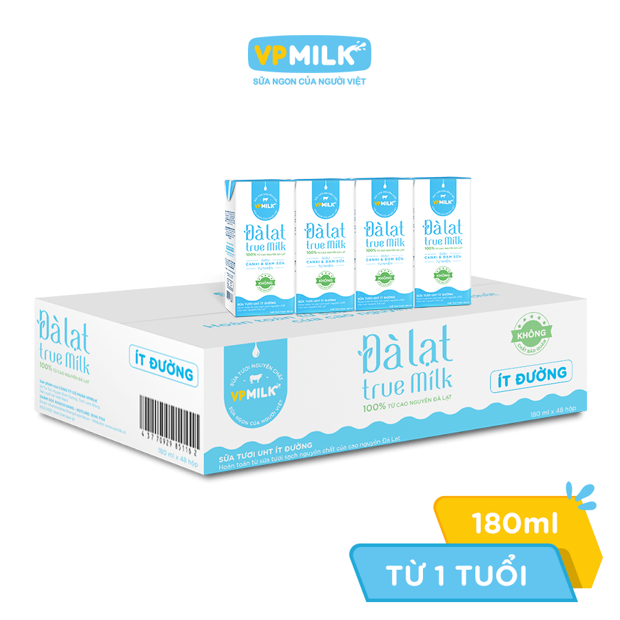 Sữa tươi UHT Đà Lạt True Milk Ít Đường 180ml (Thùng 48 hộp)