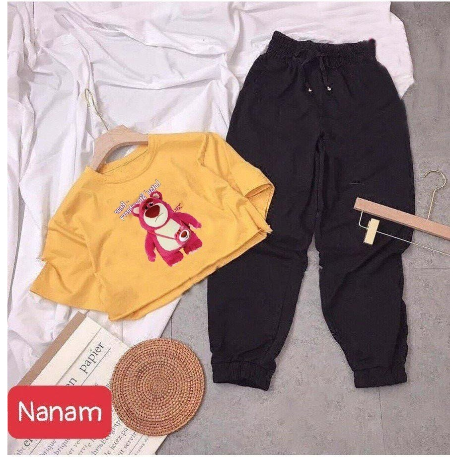 Đồ bộ bé gái, Bộ quần áo croptop phong cách hiphop cho bé gái Gấu dâu Lotso từ 18-60kg chất cotton mát