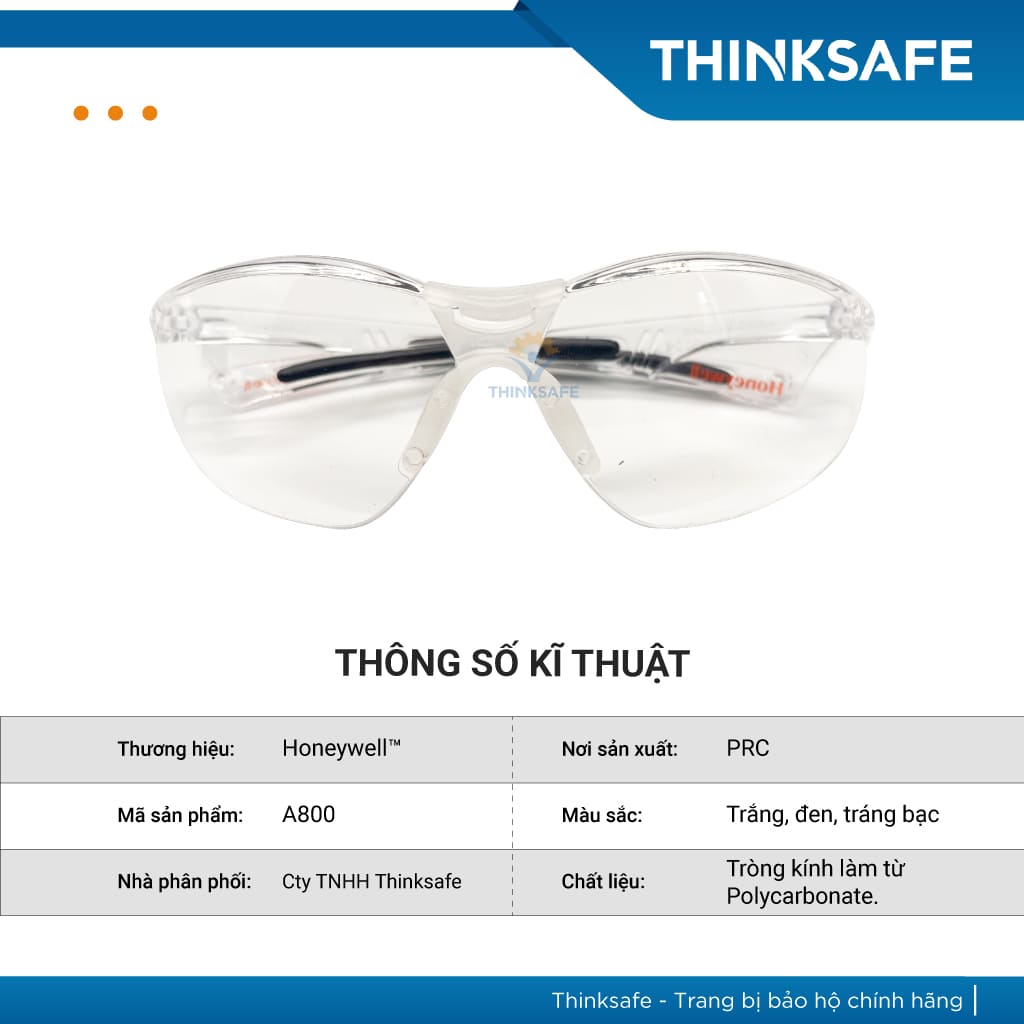 Kính bảo hộ Honeywell A800 chống bụi, tia UV, chống đọng sương - Thinksafe