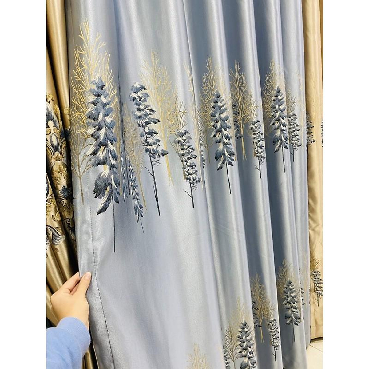 HN_Rèm vải gấm họa tiết cây thông tuyết sang trọng, trẻ trung - Cao cố định 1.8m