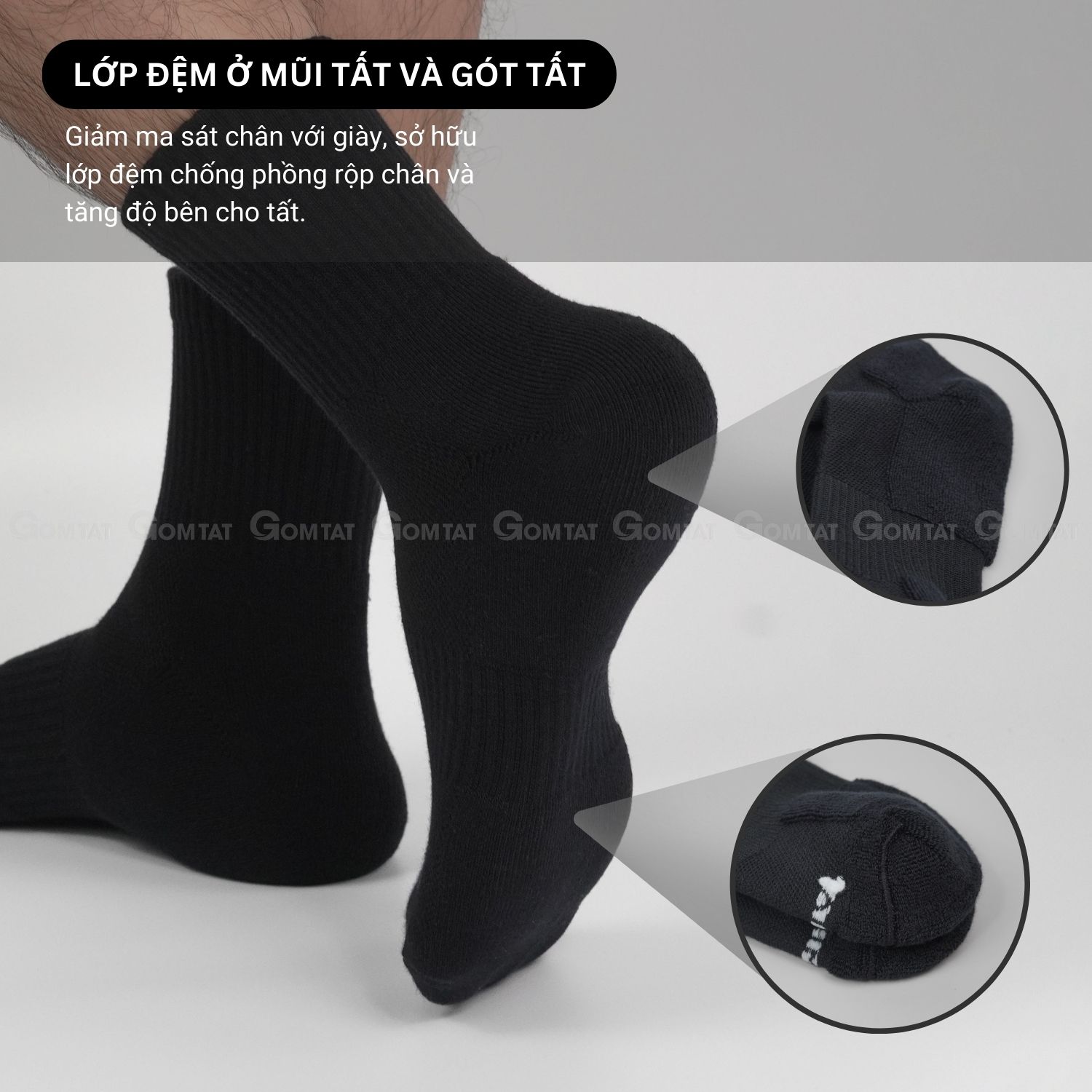 Combo 10 đôi vớ nam nữ màu đen GOMTAT, chất liệu cotton cao cấp, thoáng mát, có lớp xù êm chân - NGAN-STA-5009-DEN-CB10