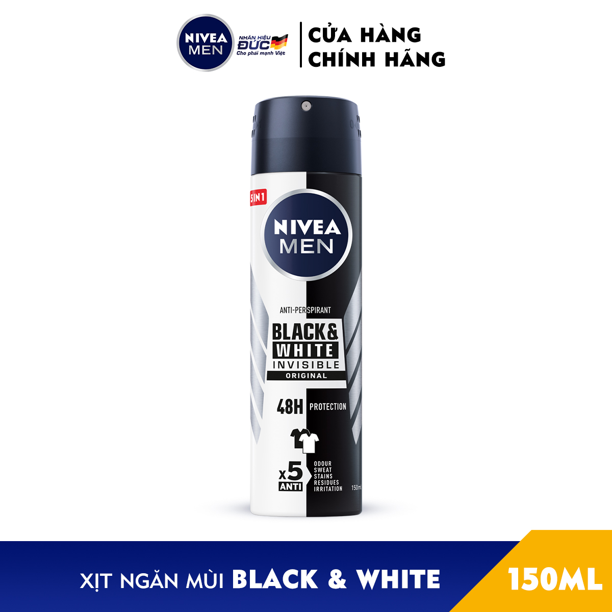 Xịt Ngăn Mùi NIVEA MEN Black&amp;White Ngăn Vệt Ố Vàng Vượt Trội - Hương Nhẹ Nhàng (150 ml) - 82241