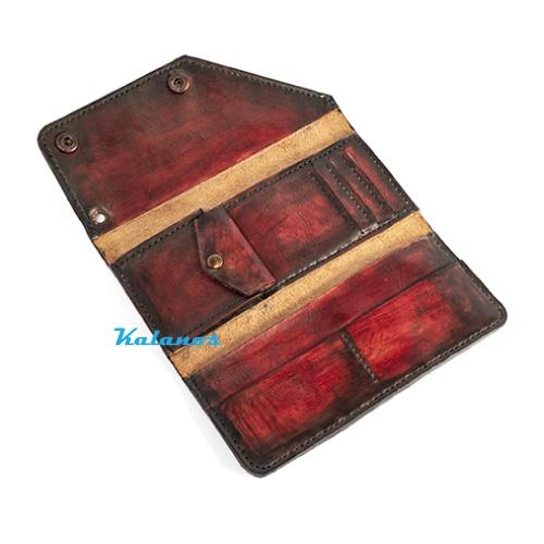 Bóp Ví dài cầm tay đẹp cao cấp handmade, được làm thủ công từ da bò Kalanos KBN3290-Nau, Ví dài nam nữ màu nâu đỏ phối đen