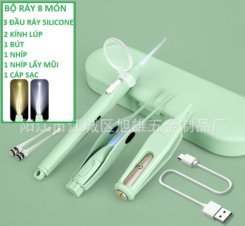 (pin sạc ) Bộ ráy tai lấy mũi có đèn  xài pin sạc  8 món full box  -  Bộ dụng cụ lấy ráy tai + nhíp có đèn led siêu sáng - chăm sóc tai cao cấp dành cho bé yêu - cho mọi gia đình