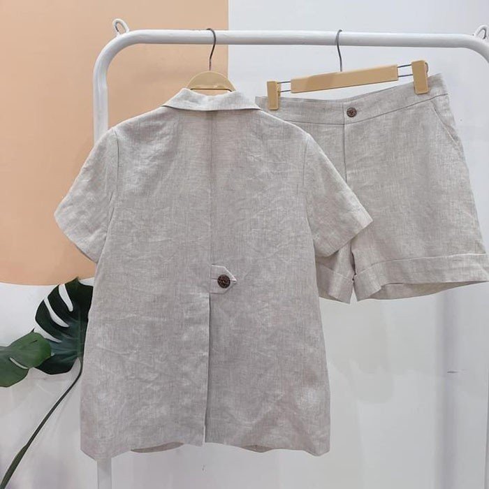 Set bộ công sở Linen Áo blazer tay cộc kèm quần sóc trẻ trung, chất vải Linen Bột Premium mềm mát, thích hợp hè thu (Be muối tiêu)