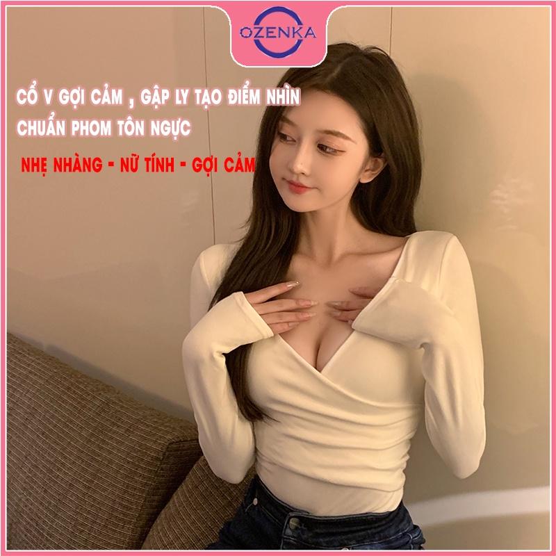 Áo croptop cổ v tay dài ôm nữ OZENKA crt thun gân thời trang đẹp 100% cotton đen trắng free size dưới 50kg