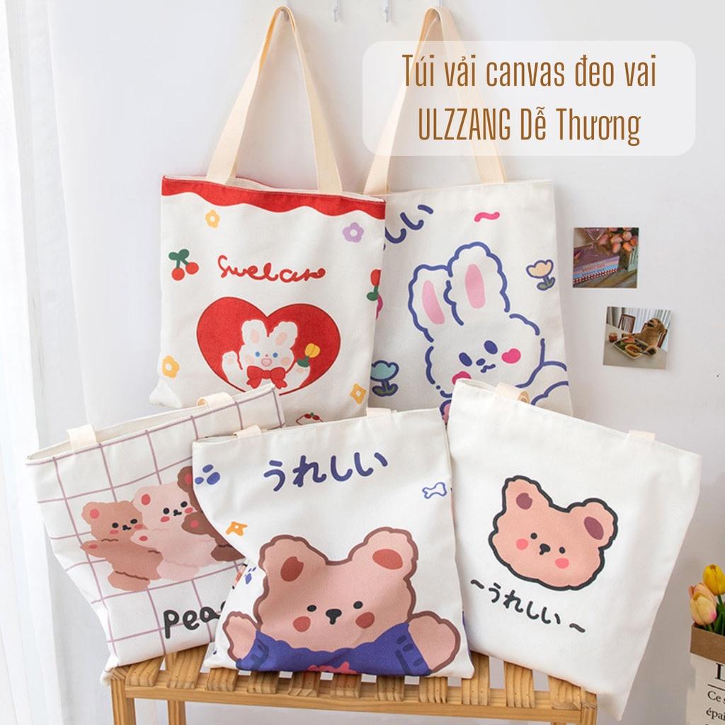 Túi tote gấu thỏ đeo vai ULZZANG - Túi vải canvas dễ thương size lớn dây dài đựng vừa A4 TX09