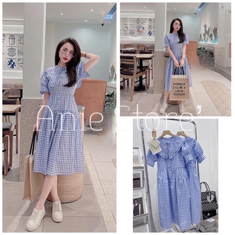 Đầm Nữ Caro Xanh Cộc Tay Dáng Dài  Váy Nữ Khuy Cài Dáng Xòe