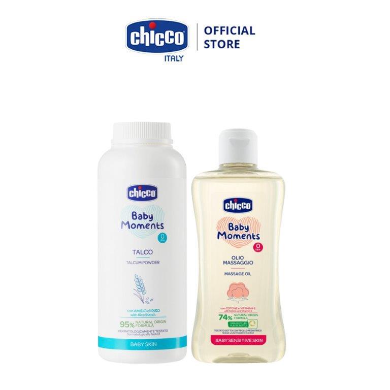 Combo Phấn rôm tinh bột Gạo 150gr Chicco &amp; Dầu mát-xa chiết xuất hạt bông 0M+ Chicco 200ml (mới)