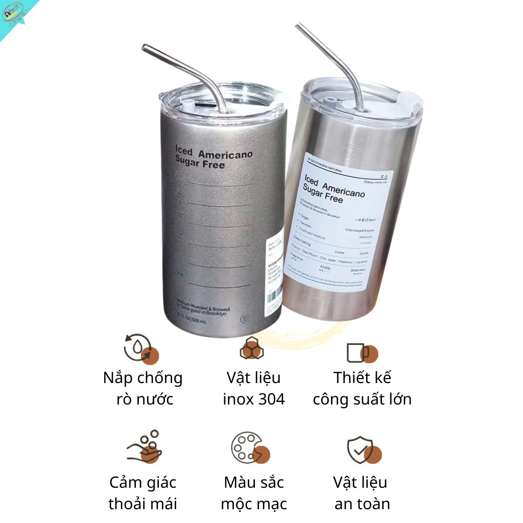 Bình đựng nước giữ nhiệt Iced Americano có ống hút dung tích 600ml, Ly cốc giữ nhiệt cute uống cà phê dùng văn phòng, Cốc giữ nhiệt Iced Americano thể tích 650ML/300ML,làm bằng inox,có ống hút - Hàng Chính Hãng dododios