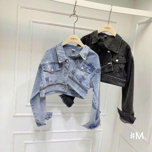 Khoác jean lửng dây kéo,áo khoác bò croptop phối khóa dưới thời trang Hàn Quốc