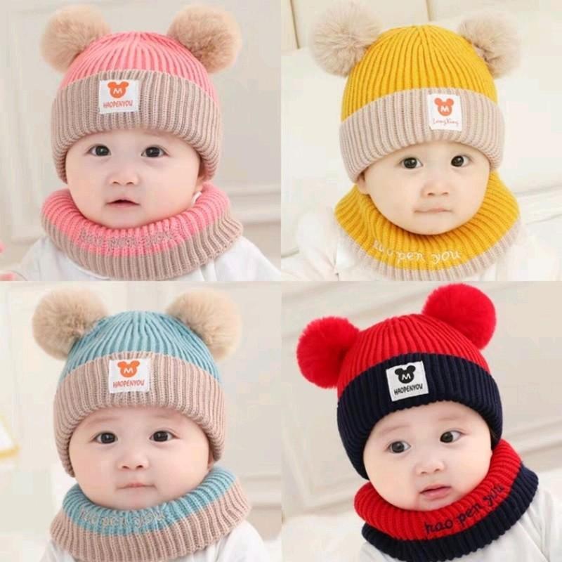 Mũ len hai quả bông đáng yêu cho bé có kèm khăn ống