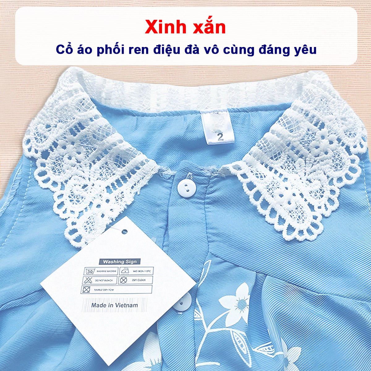 Đầm sóng xanh chất đũi nhẹ mềm mát cho bé gái 1-7 tuổi phối ren ở cổ và họa tiết thêu cực nữ tính BBShine – D069