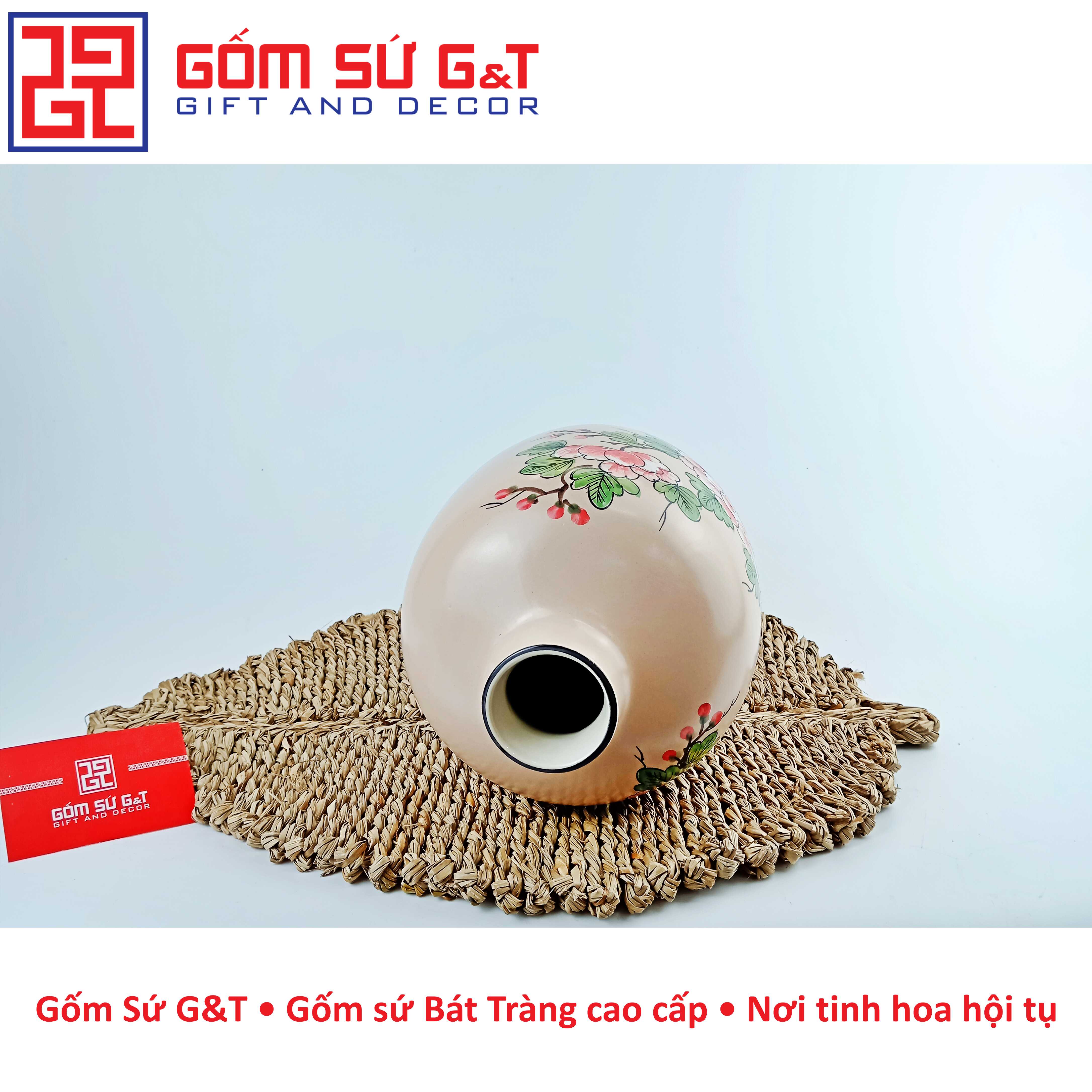 Lọ hoa dáng đèn lồng miệng nhỏ vẽ chim hoa phù dung Gốm Sứ G&amp;T