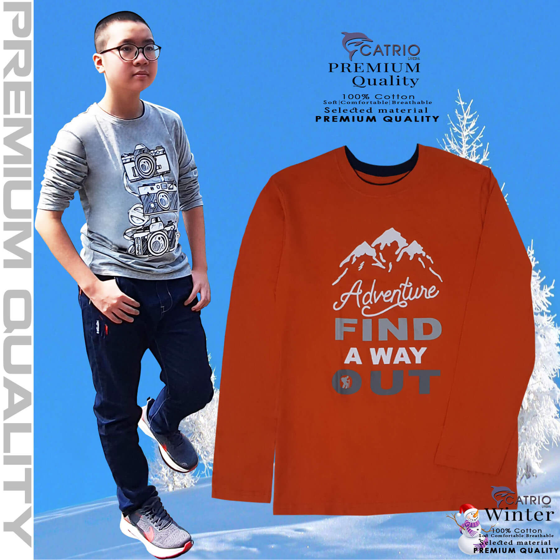 ÁO THUN DÀI TAY BÉ TRAI CATRIO in FIND NÚI màu CAM là áo phông trẻ em 15/16 tuổi  vải 100% cotton an toàn, thuộc BST quần áo trẻ em mùa thu đông CATRIO + quần dài cotton thành bộ đồ thu đông trẻ em đẹp