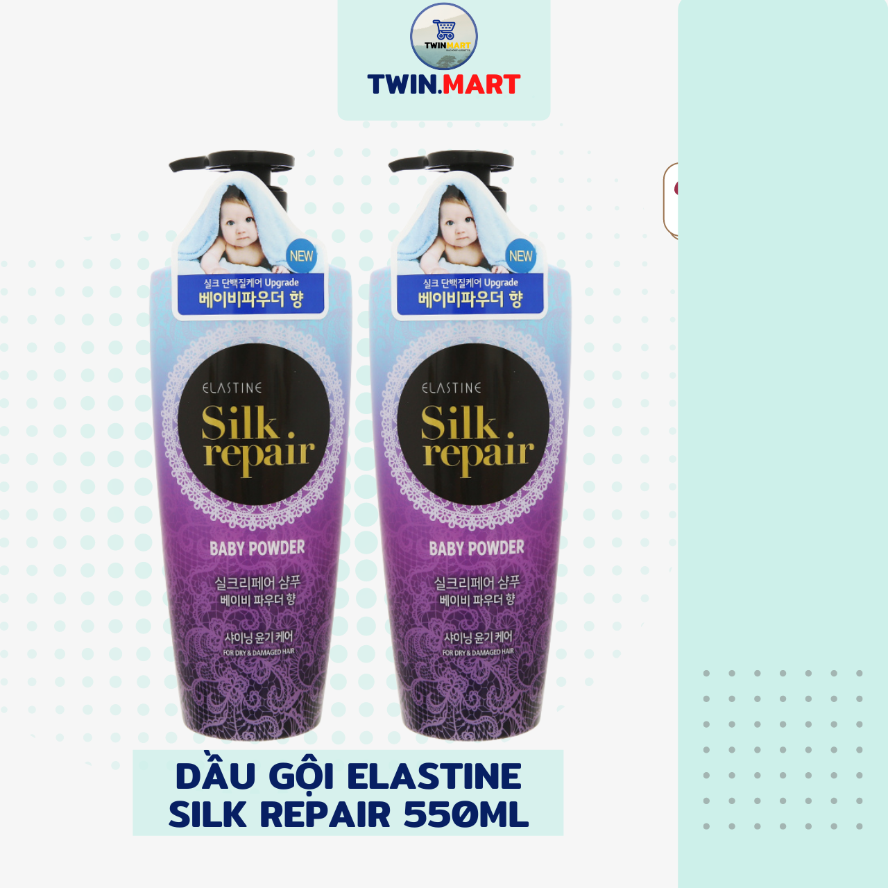 Dầu gội chăm sóc và nuôi dưỡng tóc Elastine Silk Repair Baby Powder 550ml sản xuất tại Hàn Quốc