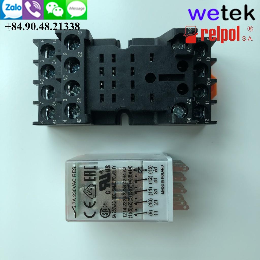 Relay trung gian 4 cặp tiếp điểm 7A Relpol made in Poland R4N kèm đế, cuộn hút 220Vac