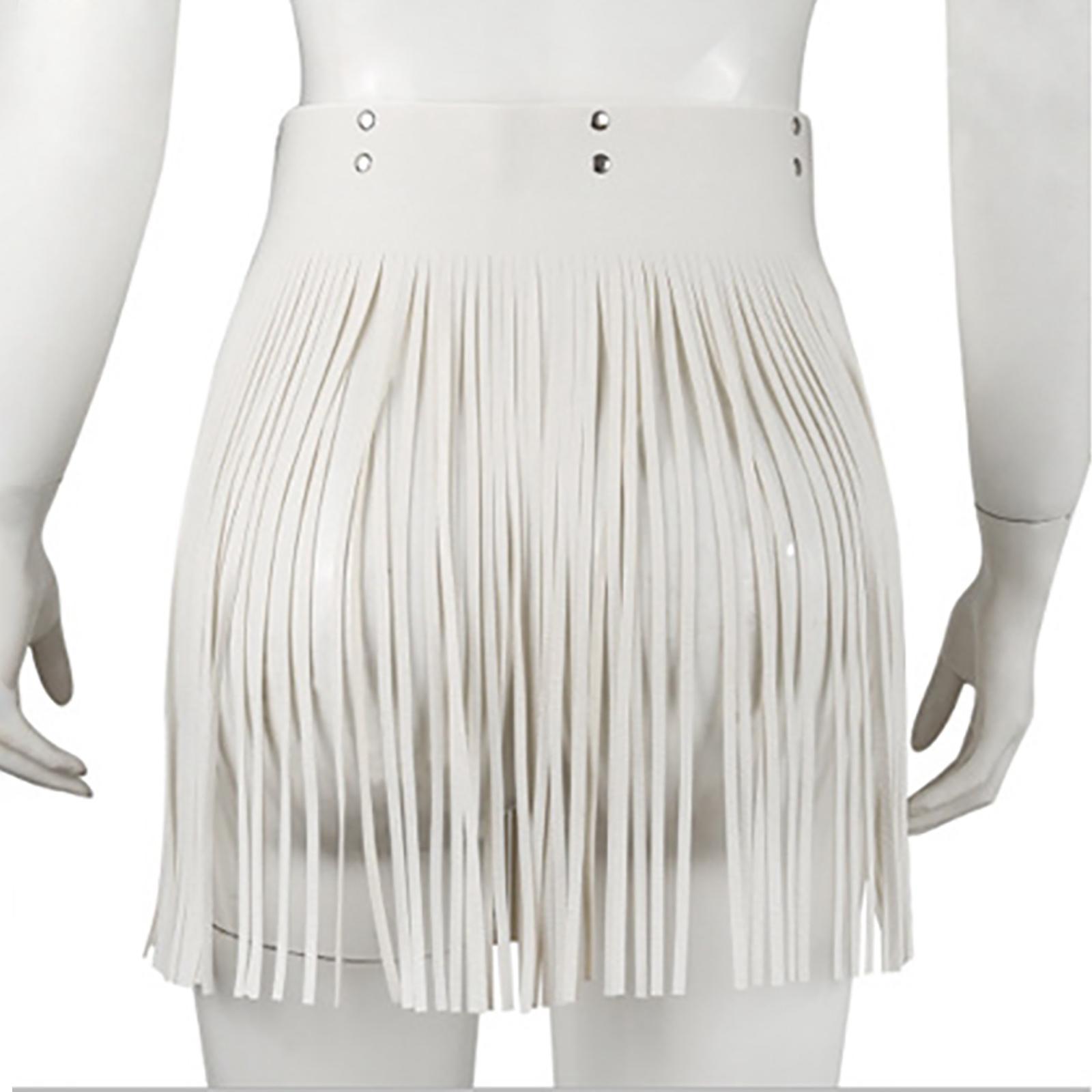Women Punk Gothic Faux Leather Fringe Tassel Skirt Belt Clubwear Dance Dress