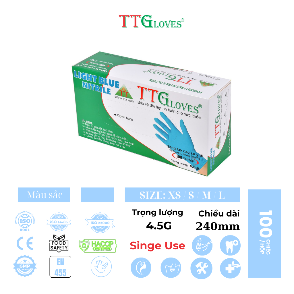 Găng Tay Y Tế, Găng Tay Cao Su Y Tế Không Bột Nitrile TTGLOVES cao cấp Màu Xanh 4.5g 100 Chiếc (Size S)