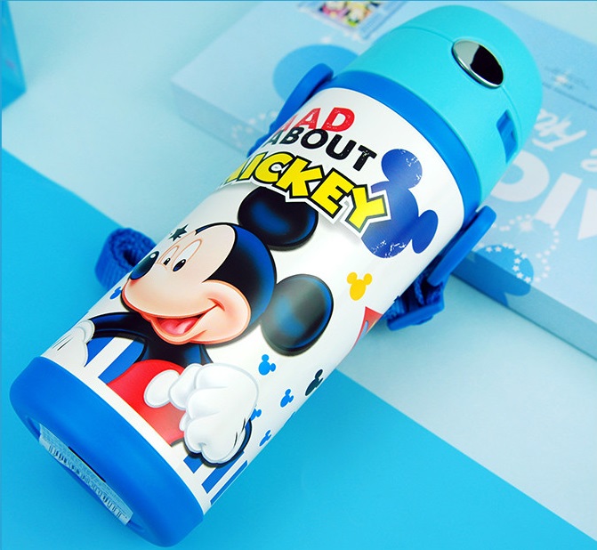 Bình nước giữ nhiệt có ống hút hình chuột Mickey vạch thẳng đứng màu xanh cho trẻ em, các bé, học sinh - - WD-3424MK2