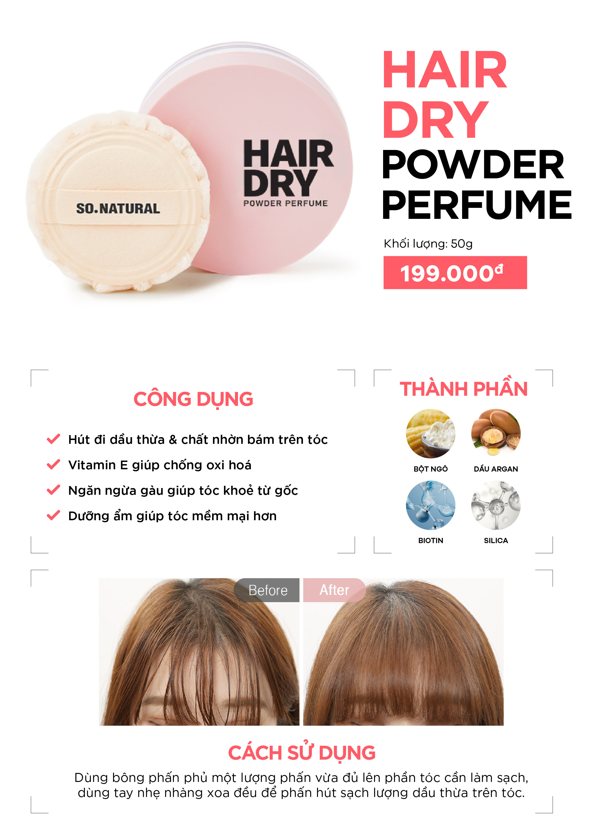 Phấn Gội Đầu Dạng Khô Hair Dry Powder Perfume So Natural 50gram ( Tặng sample Red Peel hoặc Sample Silk Collagen)