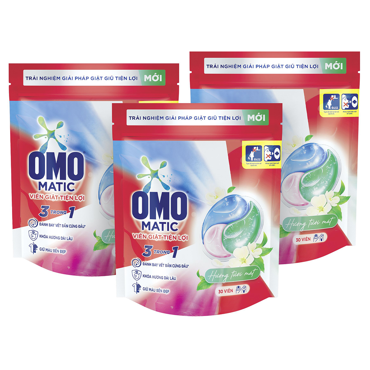 Combo 3 túi viên giặt tiện lợi OMO 3 trong 1 Hương tươi mát (30 viên/túi)