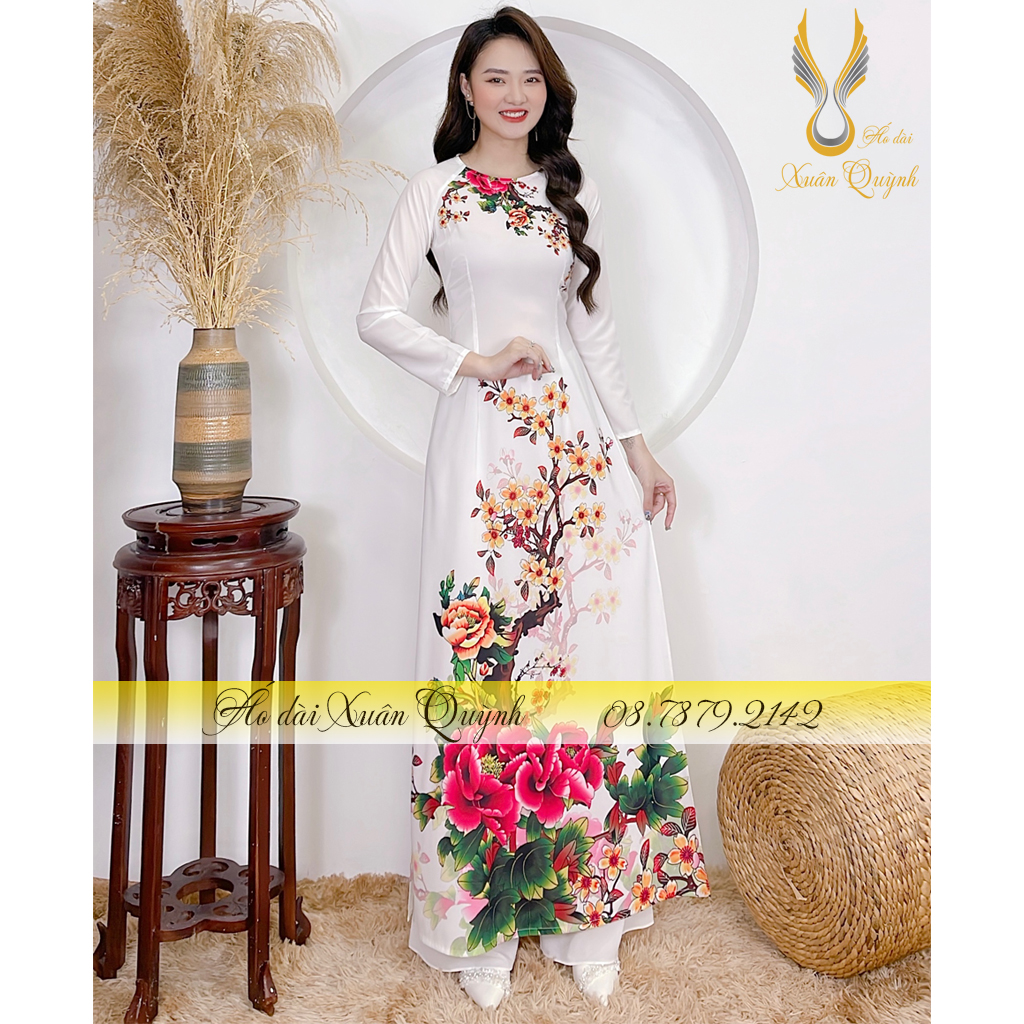 Áo Dài Hoạ Tiết Hoa Mẫu Đơn Đỏ, Thanh Lịch, Duyên Dáng Lụa Habutai Cao Cấp K86