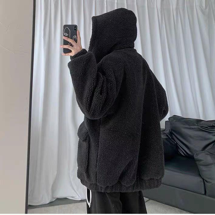 Áo Khoác Lông Unisex Logo Ngực Khóa Kéo Có Mũ