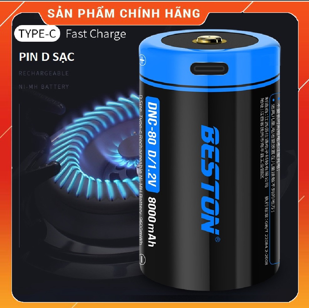 Combo 2 Pin D sạc cỡ đại Beston DNC-80 1.2v 8000mAh cổng sạc USB Type-C Pin Sạc Cho Bếp Ga, Đèn Pin, Thiết Bị Công Nghiệp