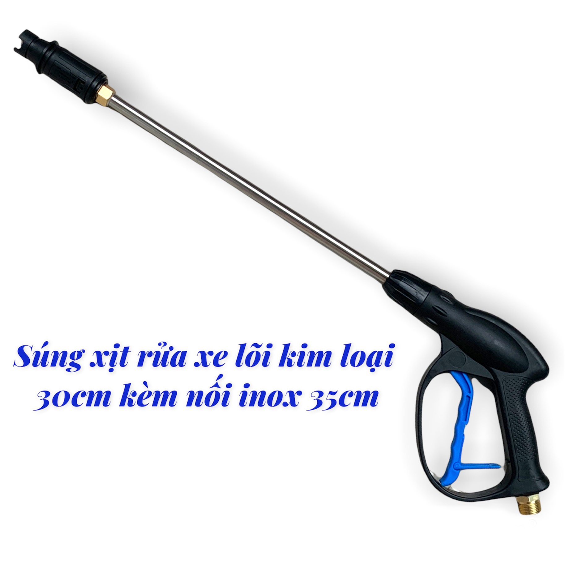 Súng xịt rửa xe lõi kim loại dài 30cm,ĐK ren ngoài Ø22mm, kèm cần nối inox dài 35cm,gắn được bình tạo bọt tuyết máy xịt rửa xe áp lực cao,SUNG1+NOI35