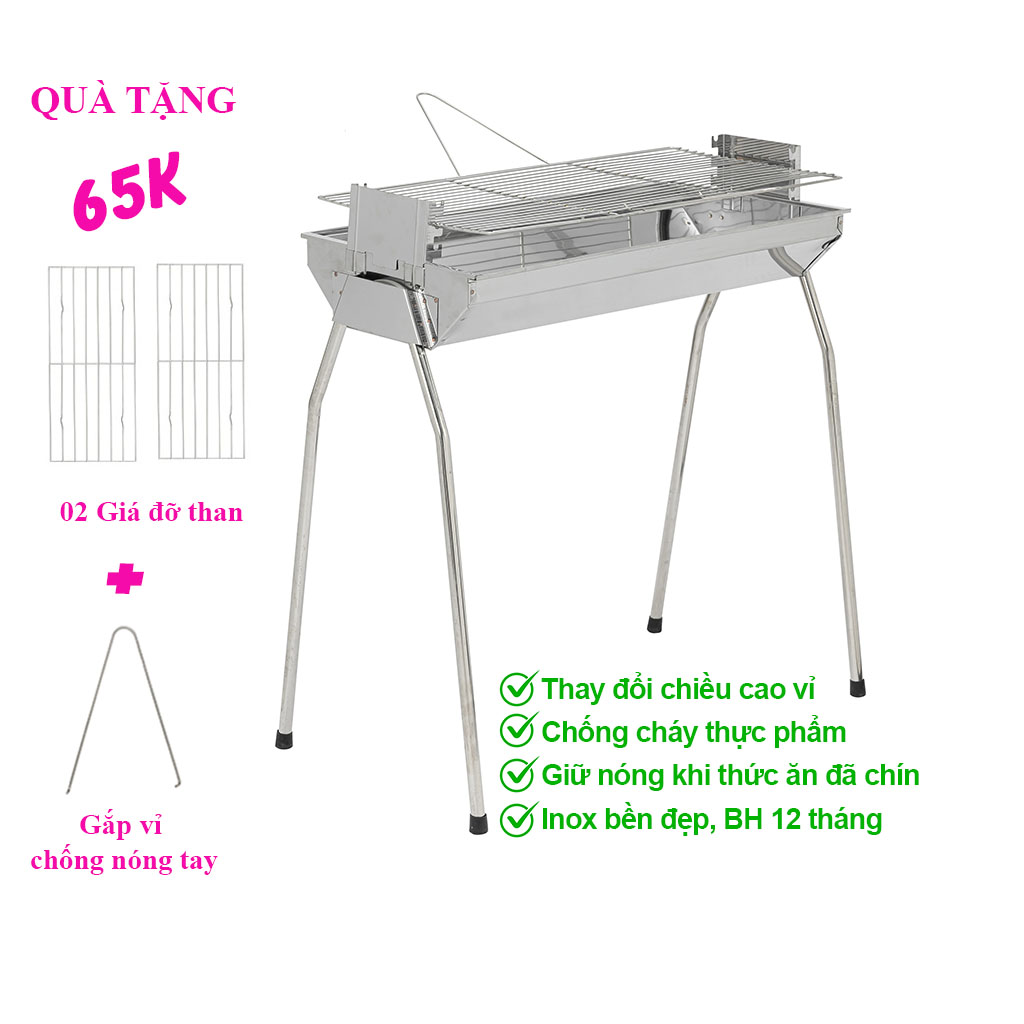 Bếp nướng than hoa VCL thay đổi chiều cao vỉ, Inox không gỉ sét, chống cháy thực phẩm, an toàn sức khỏe, không cần quạt, bếp nướng không khói, bếp nướng ngoài trời, bếp nướng than hoa vuông