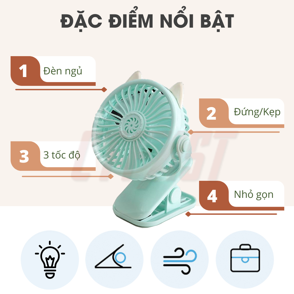 Quạt mini tích điện cầm tay hình mèo CTFAST, quạt để bàn dạng kẹp 2 trong 1 nhỏ gọn tiện dụng, điều chỉnh hướng gió 360 độ, pin sạc 1200mAh - Hàng chính hãng