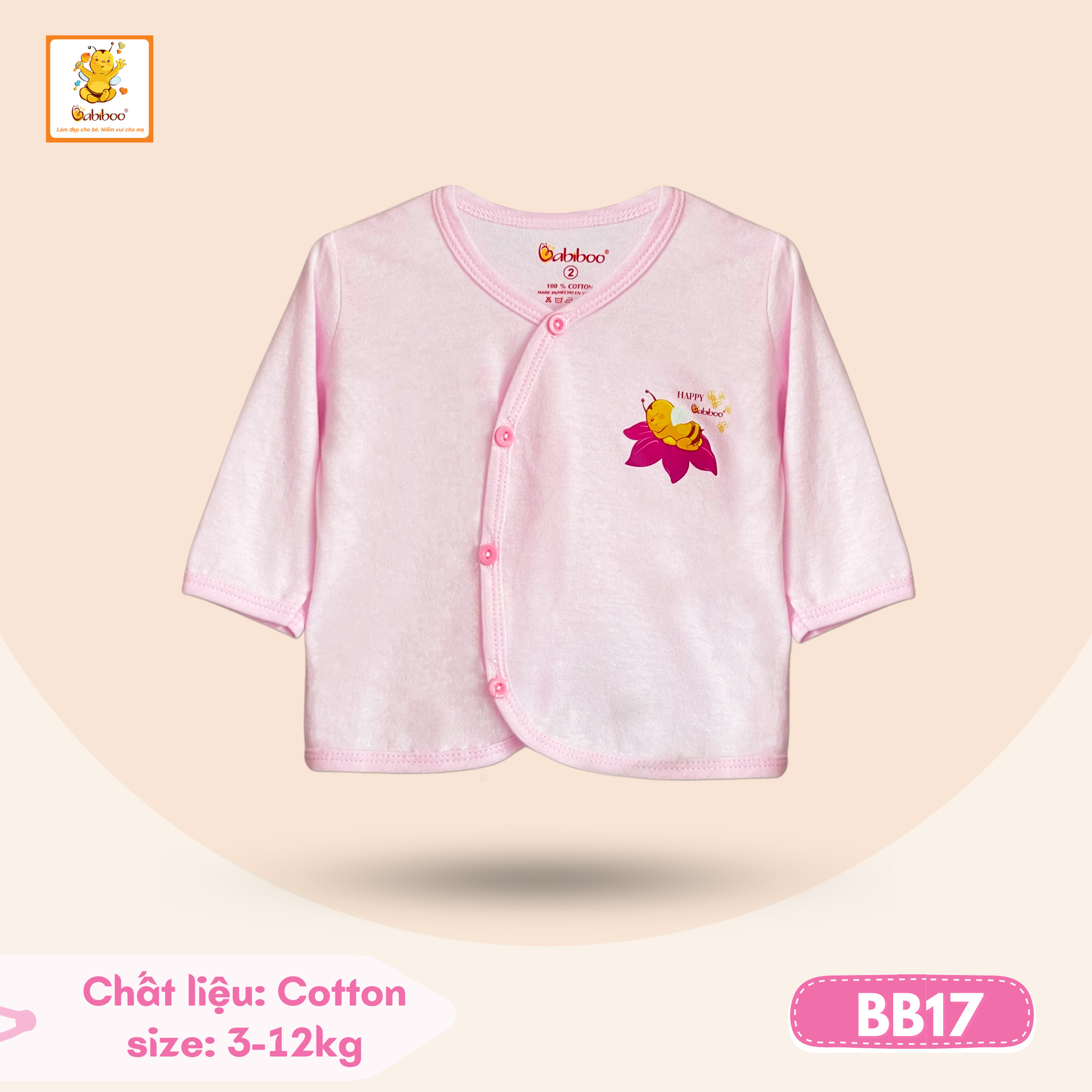 Áo sơ sinh cho bé Babiboo áo sơ sinh dài tay cổ tim, vải cotton mềm mịn an toàn cho da-BB17